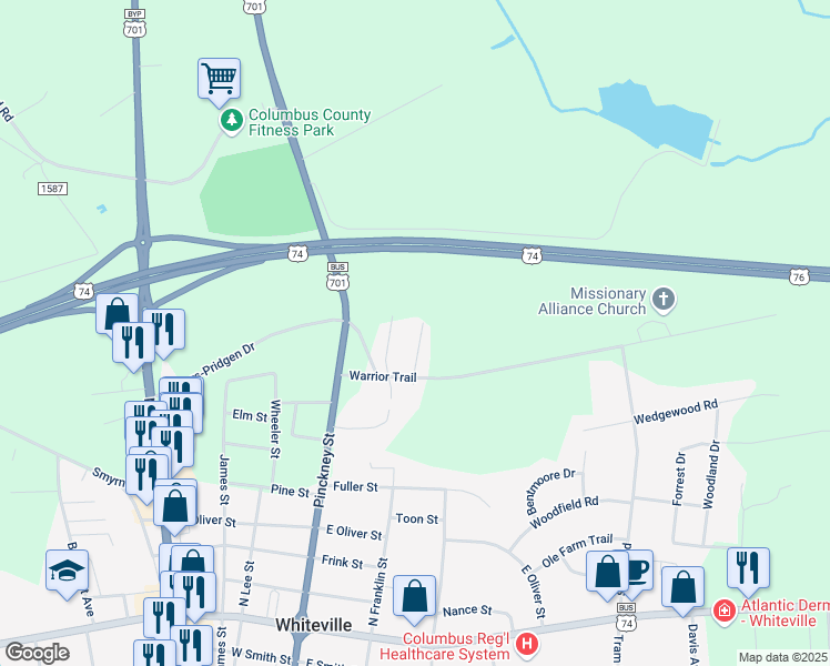 map of restaurants, bars, coffee shops, grocery stores, and more near 1519 Little Street in Whiteville