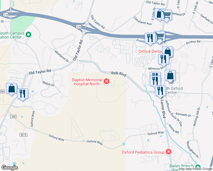 map of restaurants, bars, coffee shops, grocery stores, and more near 1100 Belk Boulevard in Oxford