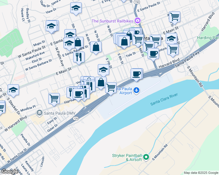 map of restaurants, bars, coffee shops, grocery stores, and more near 516 Harvard Boulevard in Santa Paula