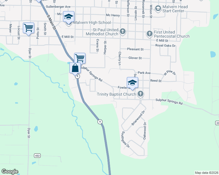 map of restaurants, bars, coffee shops, grocery stores, and more near 1128 Sulphur Springs Road in Malvern