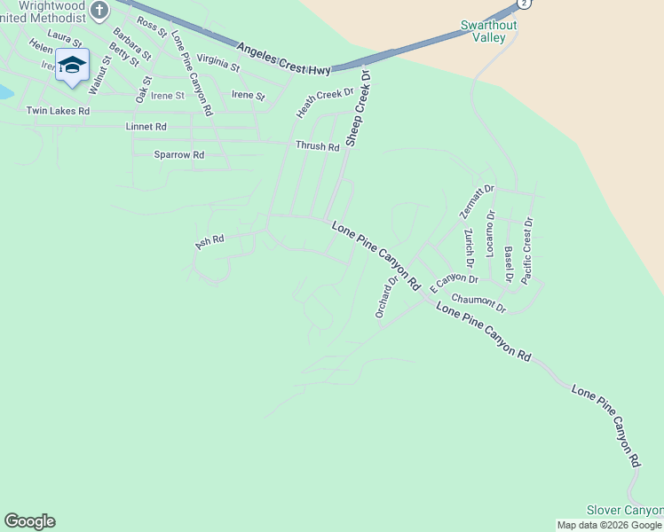 map of restaurants, bars, coffee shops, grocery stores, and more near 5412 Heath Creek Drive in Wrightwood