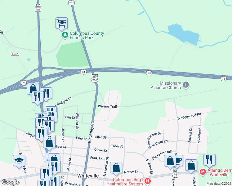map of restaurants, bars, coffee shops, grocery stores, and more near 1519 Little Street in Whiteville
