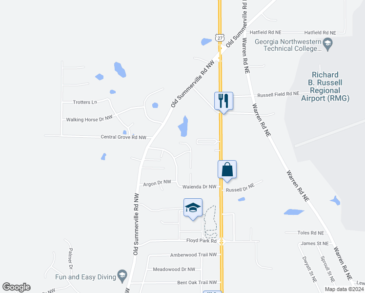 map of restaurants, bars, coffee shops, grocery stores, and more near 115 Baby Doe Drive Northwest in Rome