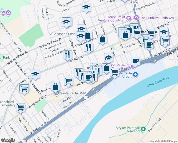 map of restaurants, bars, coffee shops, grocery stores, and more near 225 South Palm Avenue in Santa Paula