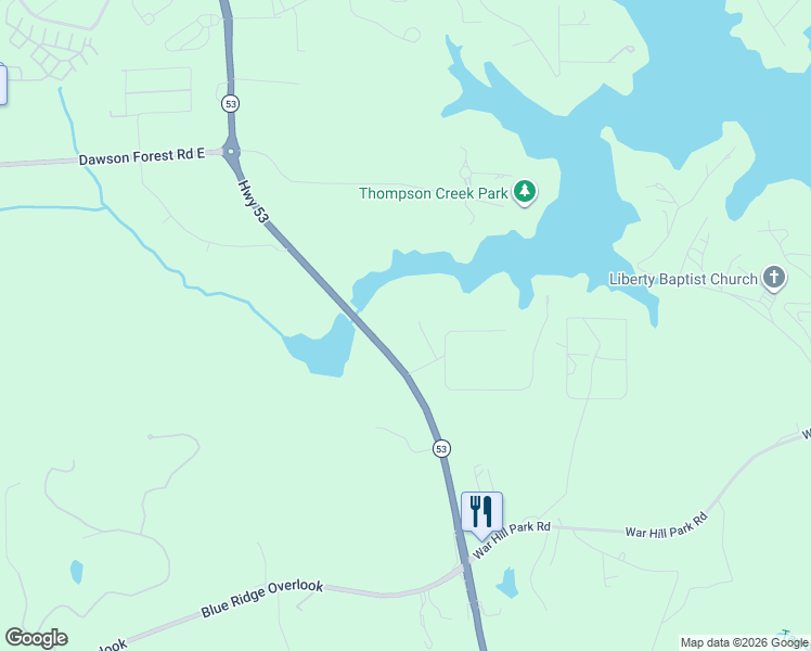 map of restaurants, bars, coffee shops, grocery stores, and more near 55 Sundown Way in Dawsonville