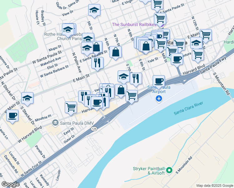 map of restaurants, bars, coffee shops, grocery stores, and more near 237 South 4th Street in Santa Paula
