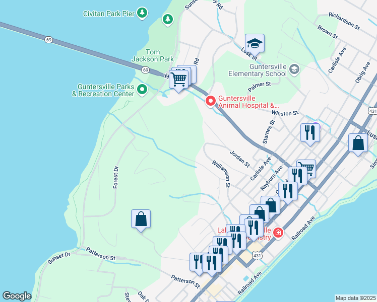 map of restaurants, bars, coffee shops, grocery stores, and more near 1812 Seibold Street in Guntersville