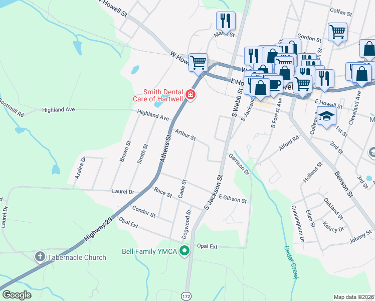 map of restaurants, bars, coffee shops, grocery stores, and more near 105 Cade Street in Hartwell