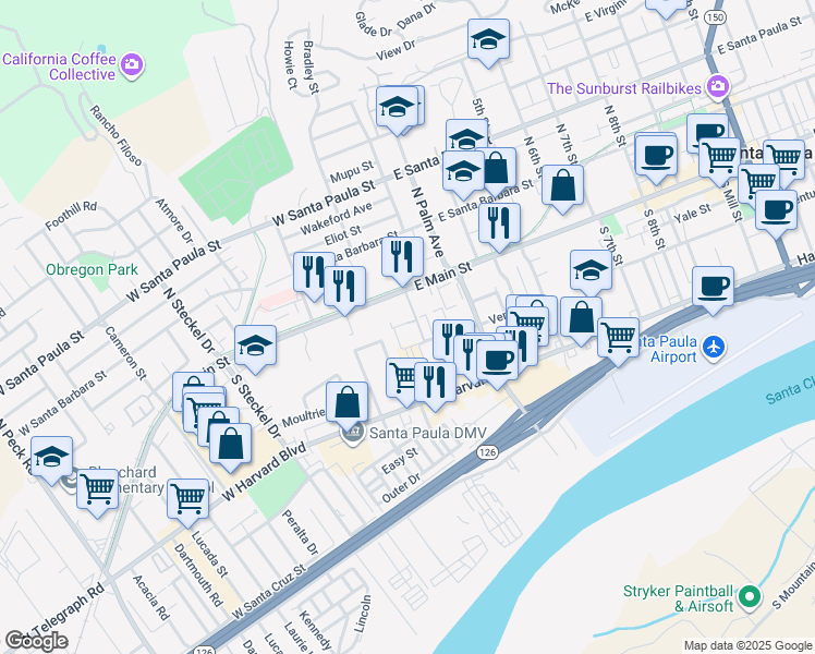 map of restaurants, bars, coffee shops, grocery stores, and more near 138 Marin Road in Santa Paula