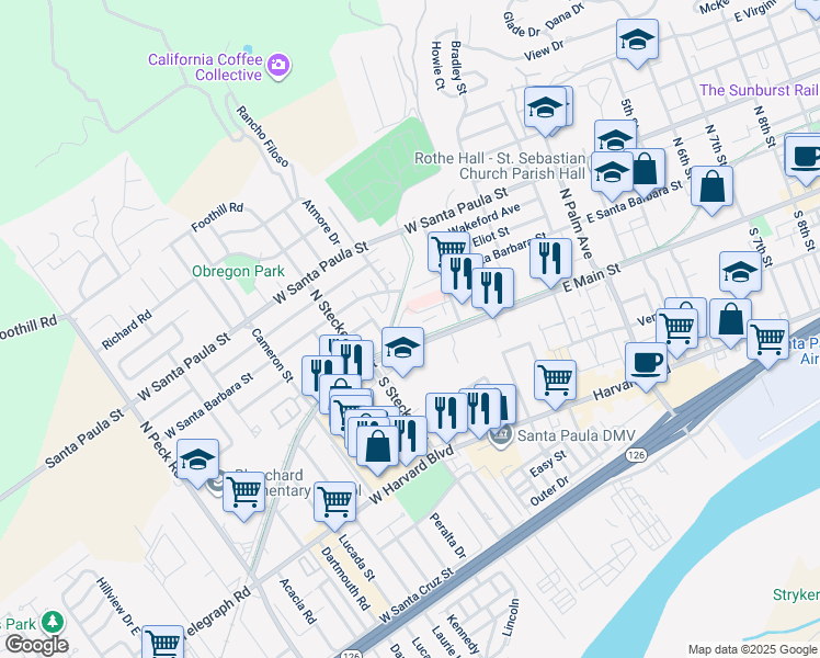 map of restaurants, bars, coffee shops, grocery stores, and more near 250 March Street in Santa Paula