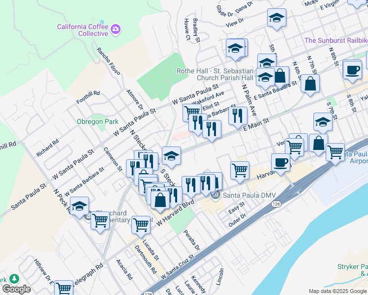 map of restaurants, bars, coffee shops, grocery stores, and more near 250 March Street in Santa Paula