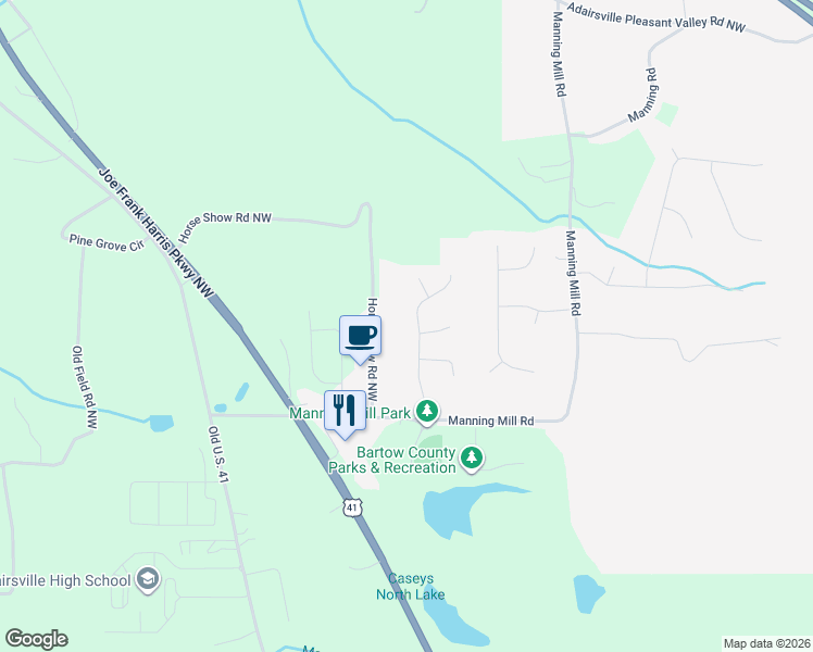 map of restaurants, bars, coffee shops, grocery stores, and more near 27 Manning Mill Way in Adairsville