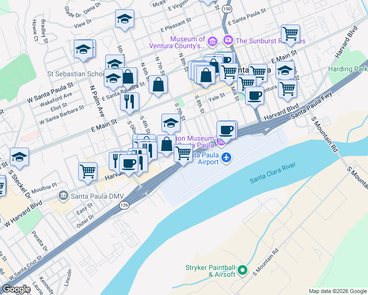 map of restaurants, bars, coffee shops, grocery stores, and more near 517 Harvard Boulevard in Santa Paula