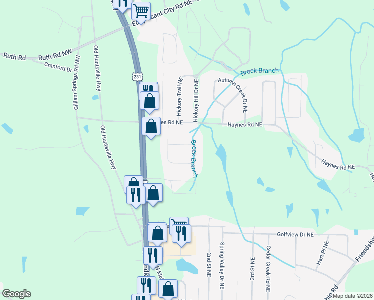 map of restaurants, bars, coffee shops, grocery stores, and more near 1894 Martha Lane Northeast in Arab