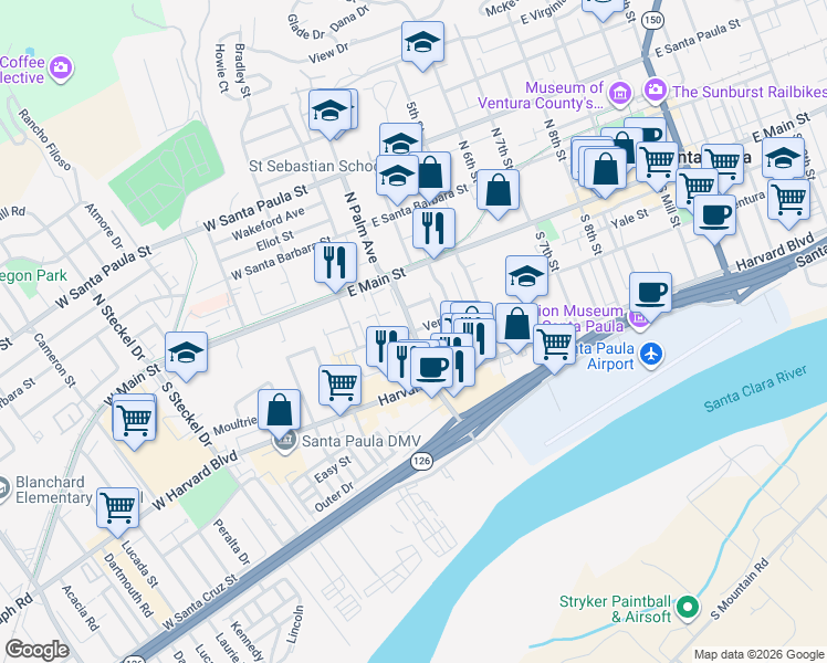 map of restaurants, bars, coffee shops, grocery stores, and more near South Palm Avenue & East Ventura Street in Santa Paula