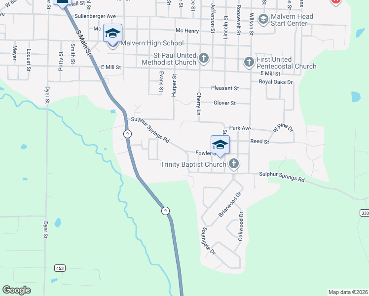 map of restaurants, bars, coffee shops, grocery stores, and more near 1128 Sulphur Springs Road in Malvern