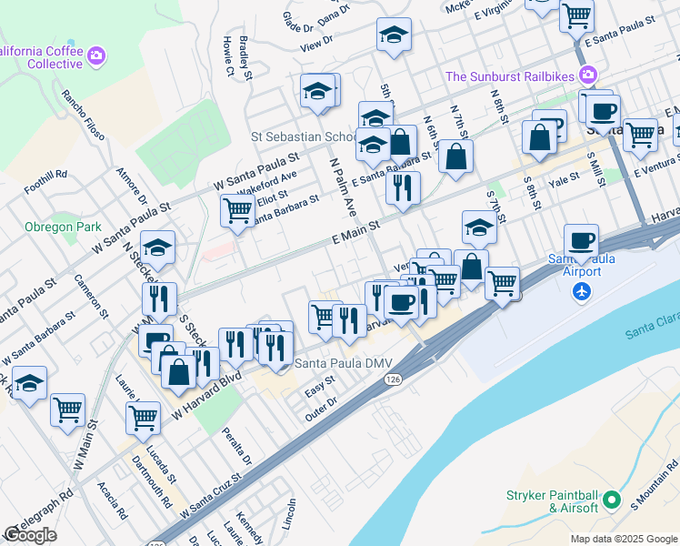 map of restaurants, bars, coffee shops, grocery stores, and more near 138 Marin Road in Santa Paula