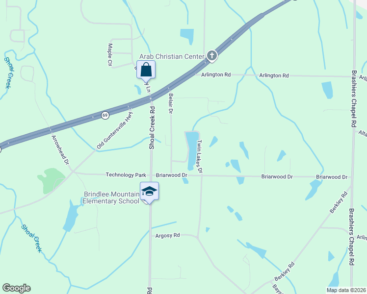 map of restaurants, bars, coffee shops, grocery stores, and more near 151 Twin Lakes Drive in Arab