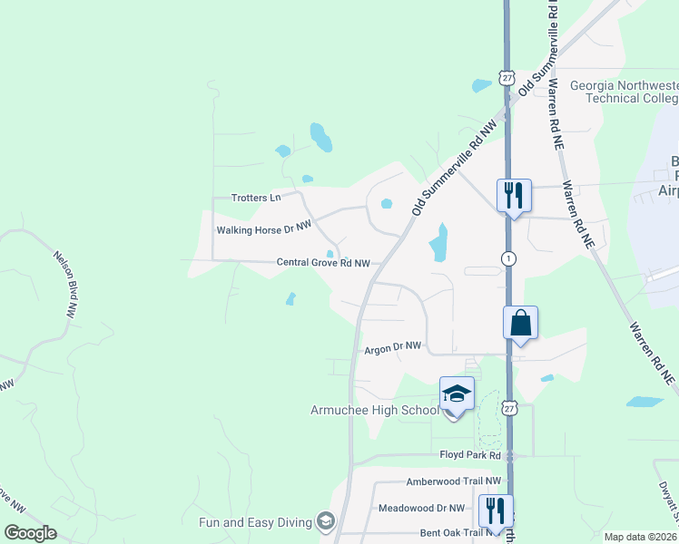 map of restaurants, bars, coffee shops, grocery stores, and more near 61 Central Grove Road Northwest in Rome