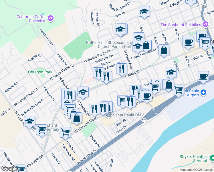 map of restaurants, bars, coffee shops, grocery stores, and more near 200 West Main Street in Santa Paula