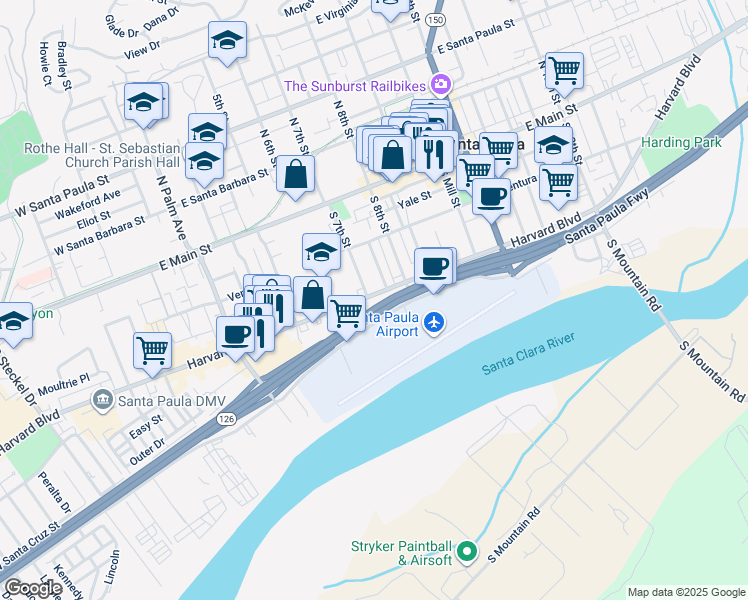 map of restaurants, bars, coffee shops, grocery stores, and more near 704 Harvard Boulevard in Santa Paula