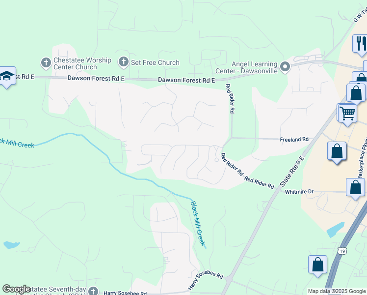 map of restaurants, bars, coffee shops, grocery stores, and more near 115 Thimbleberry Drive in Dawsonville