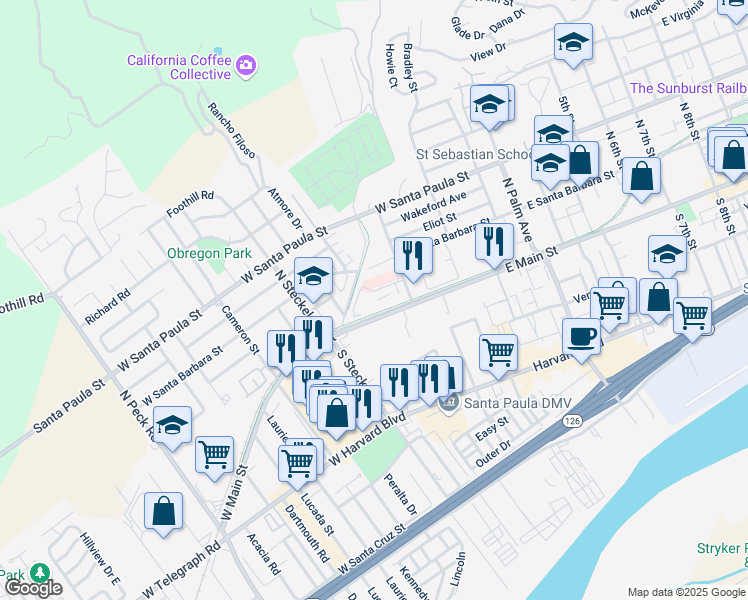 map of restaurants, bars, coffee shops, grocery stores, and more near 250 March Street in Santa Paula