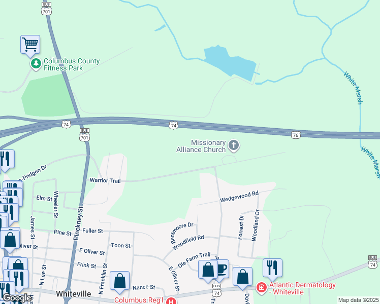 map of restaurants, bars, coffee shops, grocery stores, and more near 500 Warrior Trail in Whiteville