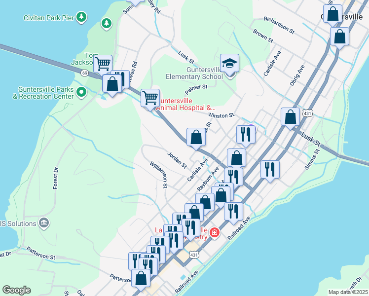 map of restaurants, bars, coffee shops, grocery stores, and more near 1821 Henry Street in Guntersville