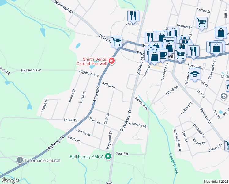 map of restaurants, bars, coffee shops, grocery stores, and more near 105 Cade Street in Hartwell