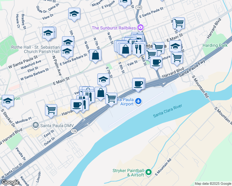map of restaurants, bars, coffee shops, grocery stores, and more near 704 Harvard Boulevard in Santa Paula