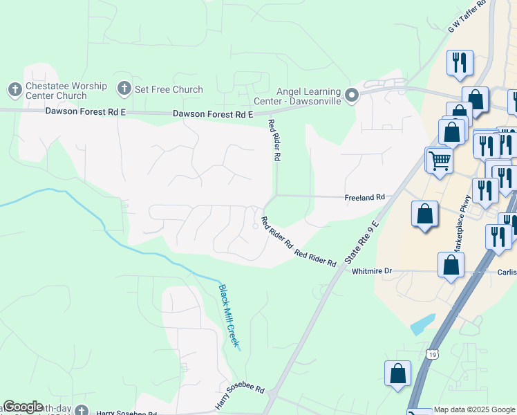 map of restaurants, bars, coffee shops, grocery stores, and more near 12 Meadowlark Way in Dawsonville