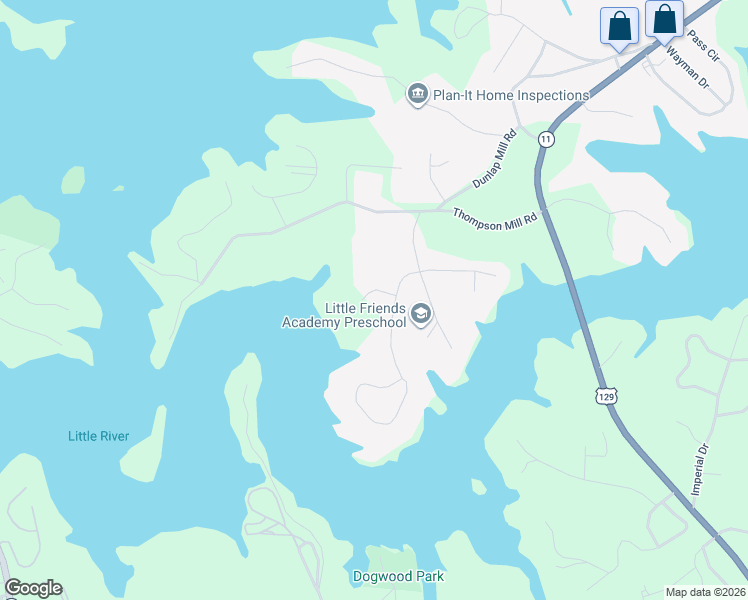 map of restaurants, bars, coffee shops, grocery stores, and more near 2509 Thompson Mill Road in Gainesville