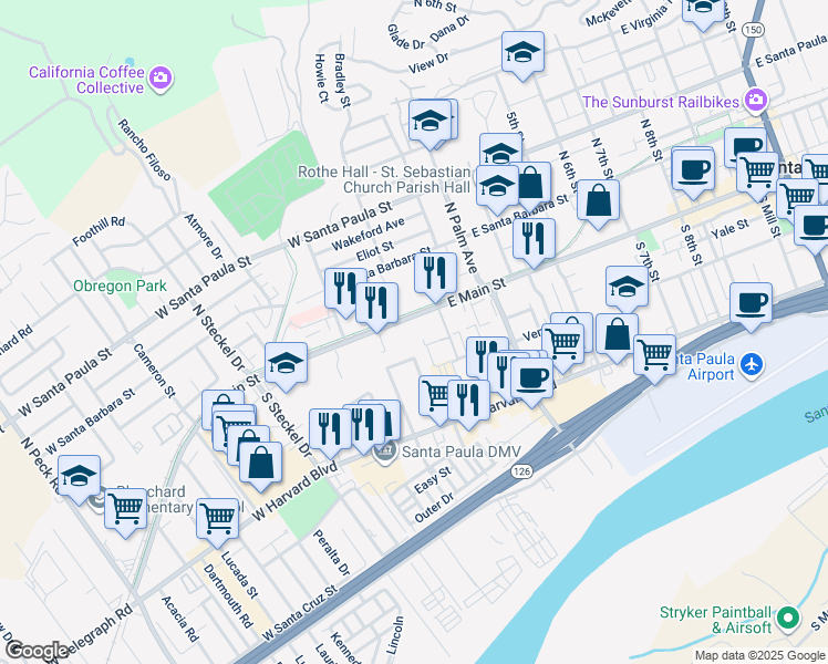 map of restaurants, bars, coffee shops, grocery stores, and more near 129 Arthur Avenue in Santa Paula