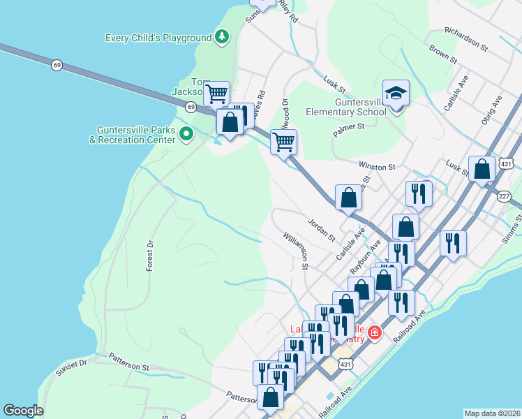 map of restaurants, bars, coffee shops, grocery stores, and more near 1812 Seibold Street in Guntersville