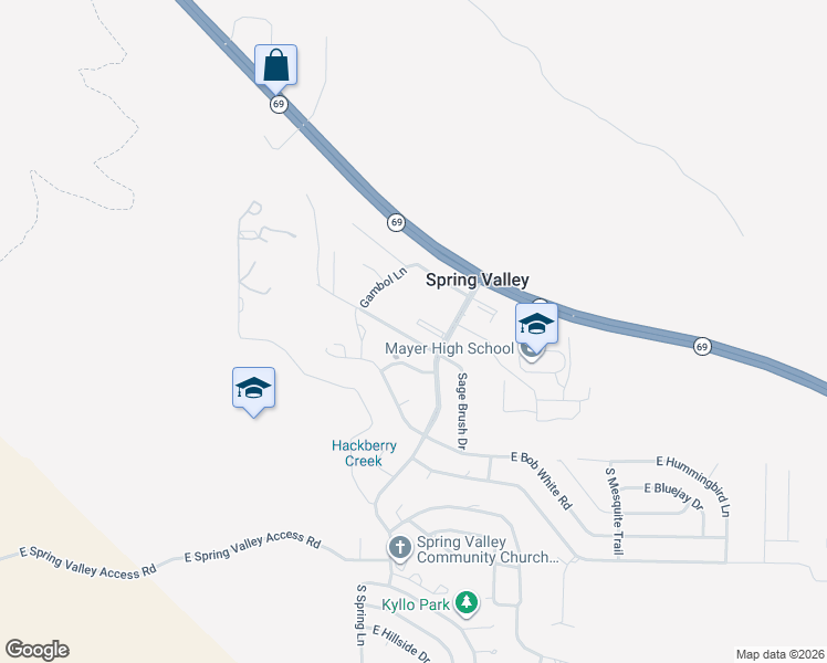 map of restaurants, bars, coffee shops, grocery stores, and more near 17125 East Roadrunner Road in Mayer