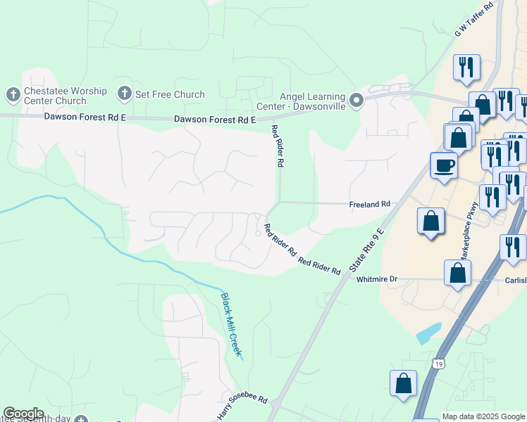 map of restaurants, bars, coffee shops, grocery stores, and more near 12 Meadowlark Way in Dawsonville