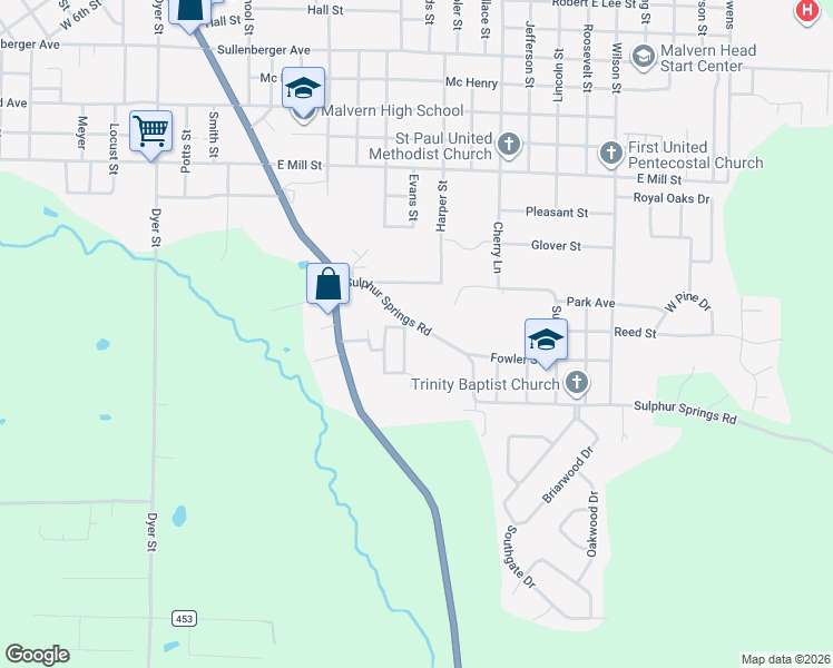 map of restaurants, bars, coffee shops, grocery stores, and more near 1017 Sulphur Springs Road in Malvern