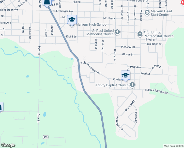 map of restaurants, bars, coffee shops, grocery stores, and more near 825 Sulphur Springs Road in Malvern