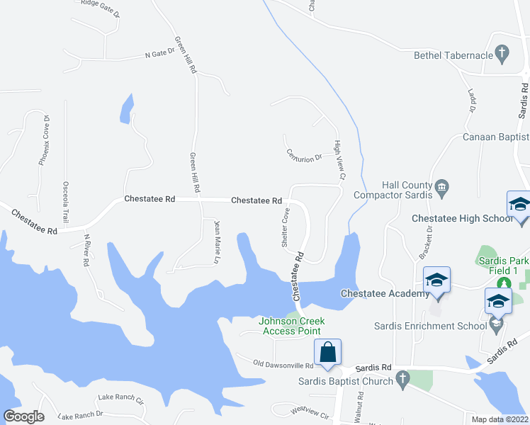 map of restaurants, bars, coffee shops, grocery stores, and more near 3115 Chestatee Road in Gainesville