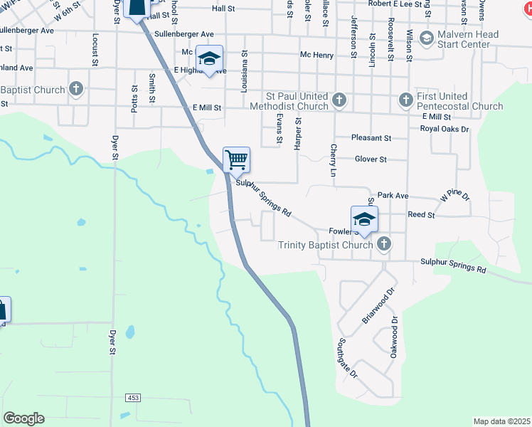 map of restaurants, bars, coffee shops, grocery stores, and more near 825 Sulphur Springs Road in Malvern