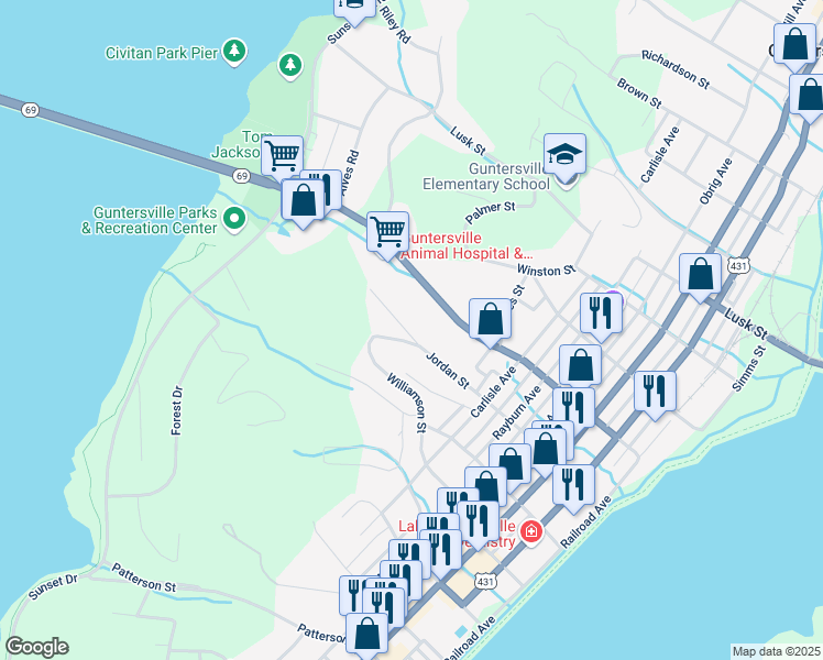 map of restaurants, bars, coffee shops, grocery stores, and more near 1741 Williamson Street in Guntersville