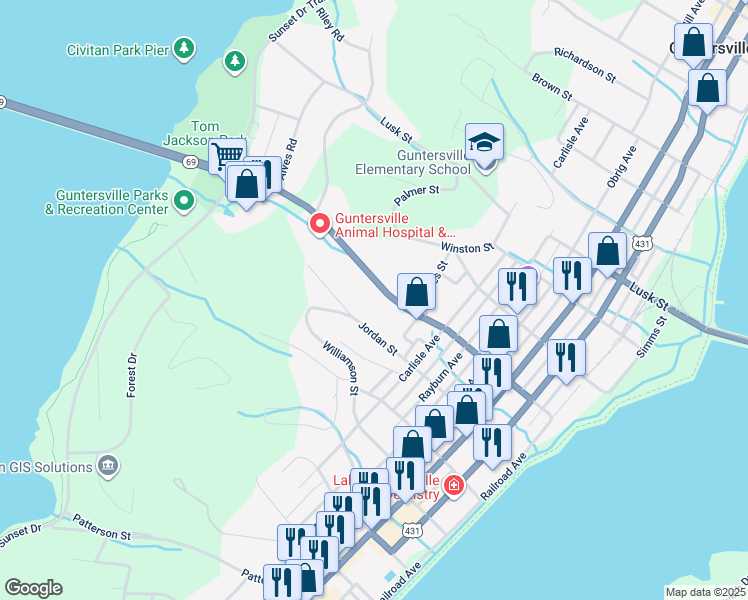 map of restaurants, bars, coffee shops, grocery stores, and more near 1821 Henry Street in Guntersville