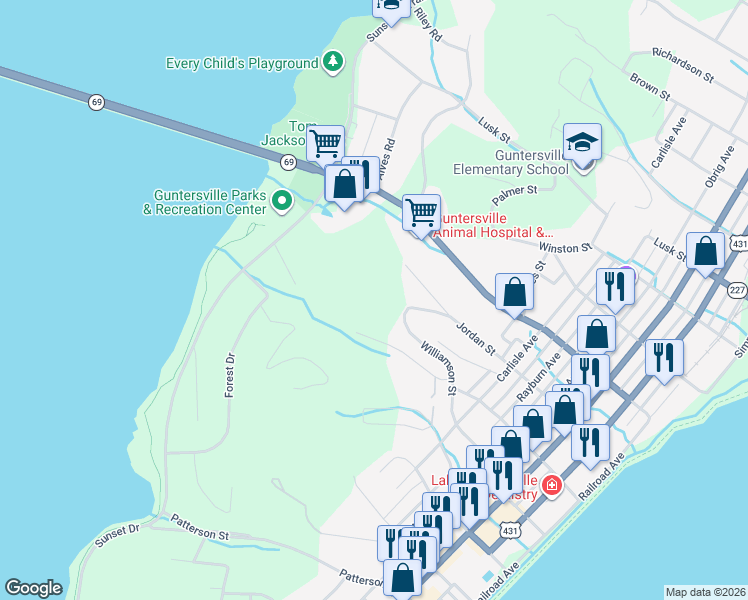 map of restaurants, bars, coffee shops, grocery stores, and more near 1812 Seibold Street in Guntersville