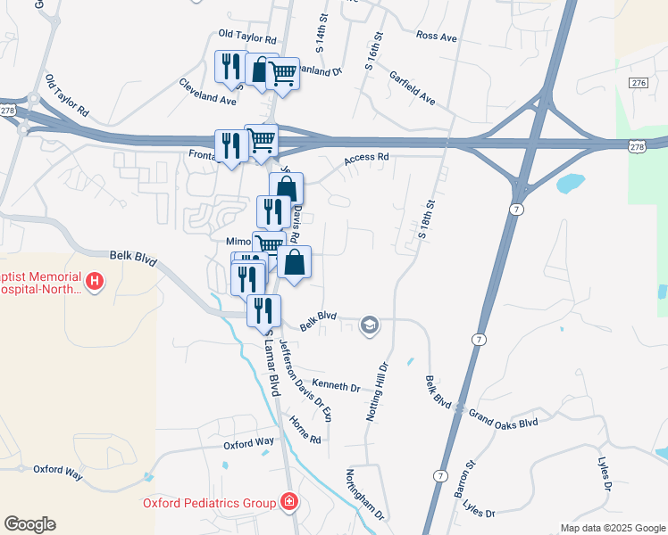 map of restaurants, bars, coffee shops, grocery stores, and more near 1301 Belk Boulevard in Oxford