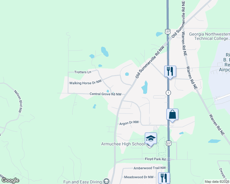 map of restaurants, bars, coffee shops, grocery stores, and more near 61 Central Grove Road Northwest in Rome