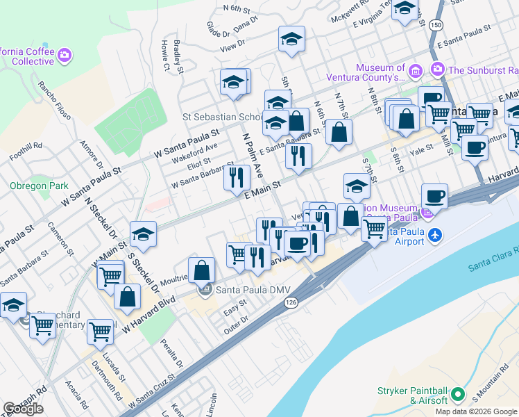 map of restaurants, bars, coffee shops, grocery stores, and more near 129 East Ventura Street in Santa Paula
