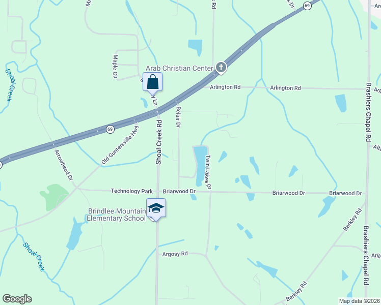 map of restaurants, bars, coffee shops, grocery stores, and more near 151 Twin Lakes Drive in Arab