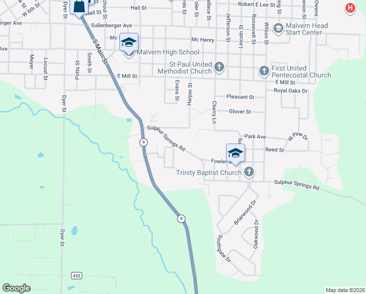 map of restaurants, bars, coffee shops, grocery stores, and more near 1017 Sulphur Springs Road in Malvern