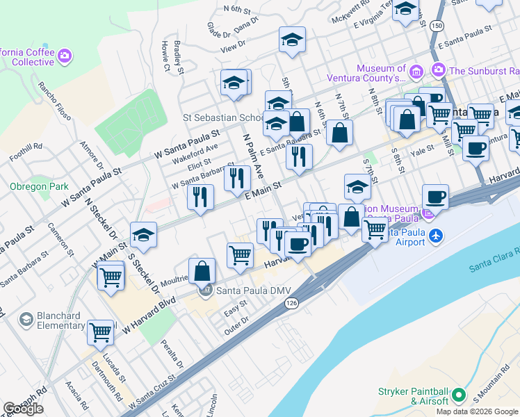 map of restaurants, bars, coffee shops, grocery stores, and more near 129 East Ventura Street in Santa Paula